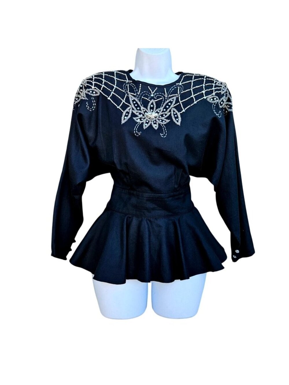 Vintage 80s Bonnie Boerer Beaded Black Peplum Top Silk Blend Size S 26" Waist